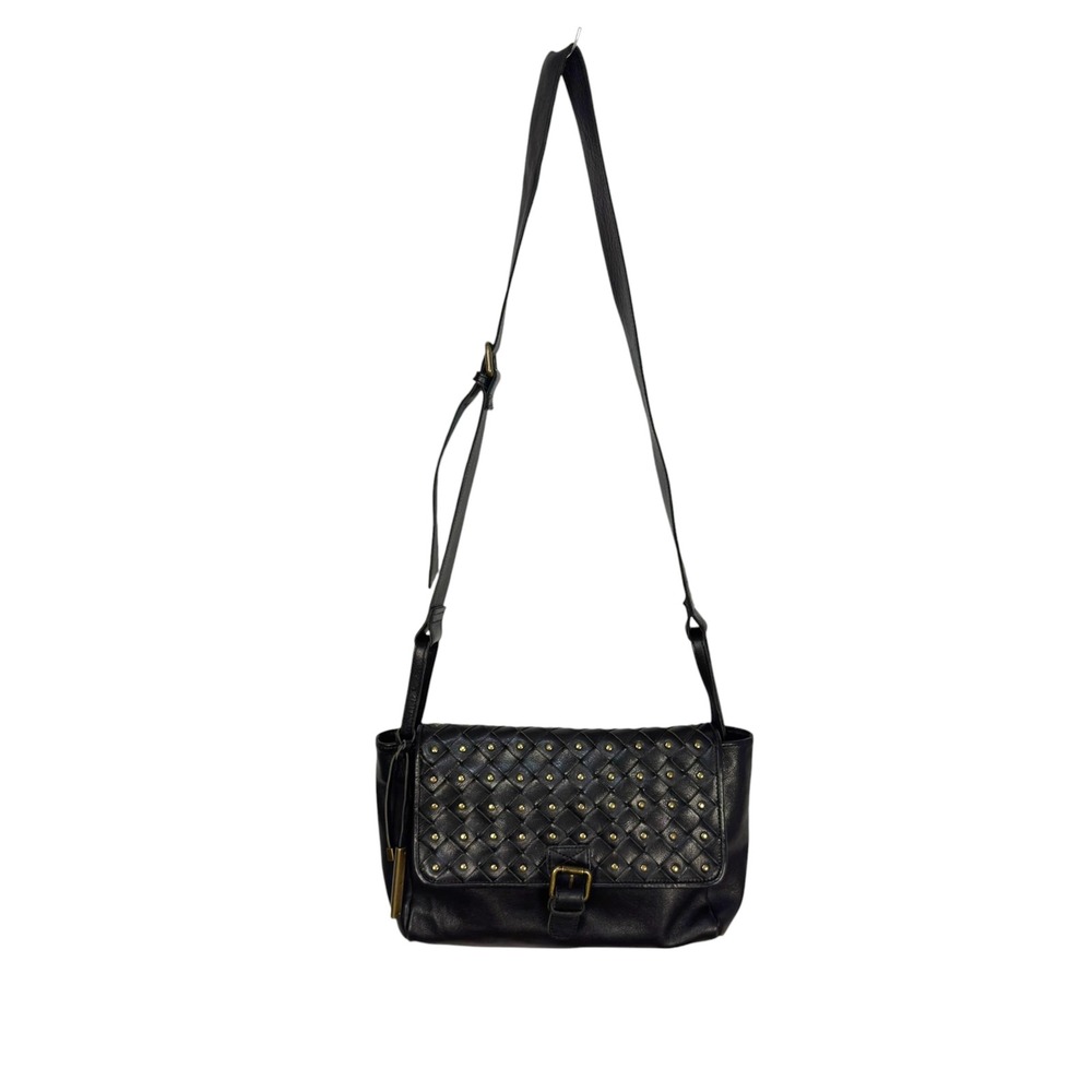 Wilsons Vintage Crossbody Bag Black Studded Woven Leather Boho Edgy